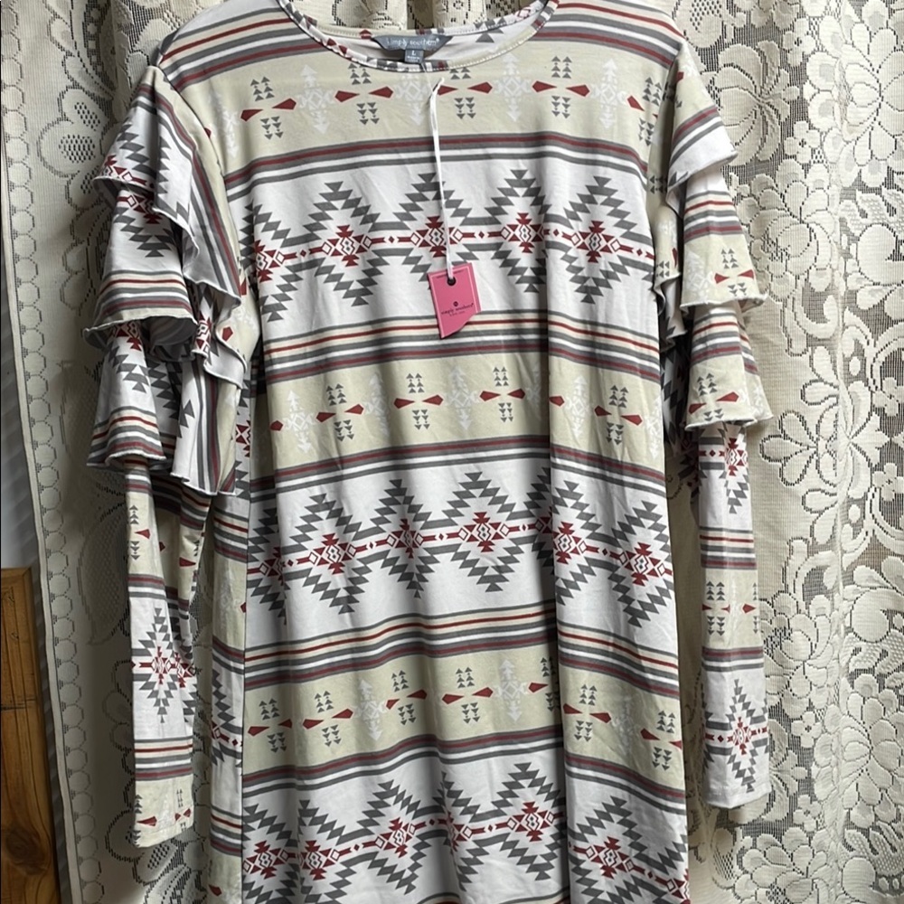 Patterned Ruffle Sleeve Dress